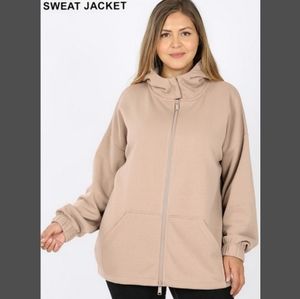 Zenana Outfitters Plus Size 1X Hooded Sweat Jacket in Ash Mocha